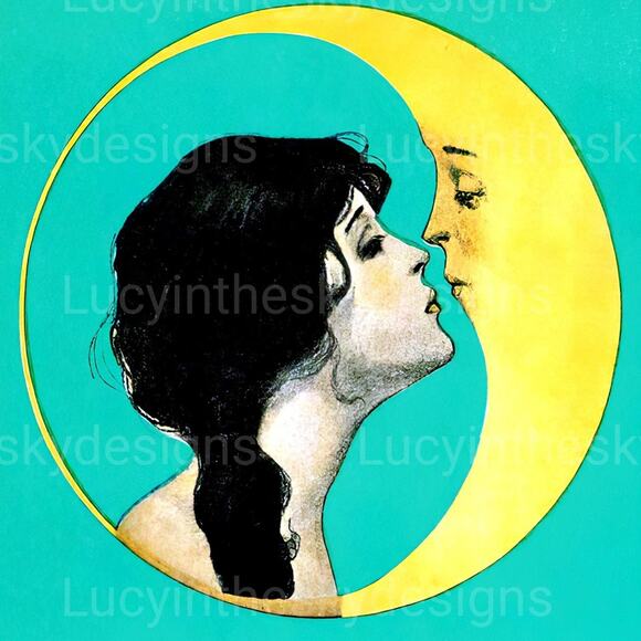 Lady Kissing Moon Vintage Surreal Painting Moon Star Celestial Art Print - Picture 2 of 4